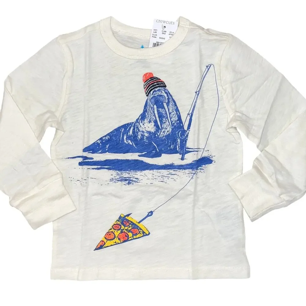 **NWT J. Crew Boys' Ivory W/Fishing Pizza Walrus Graphic Long Sleeve Tee -2